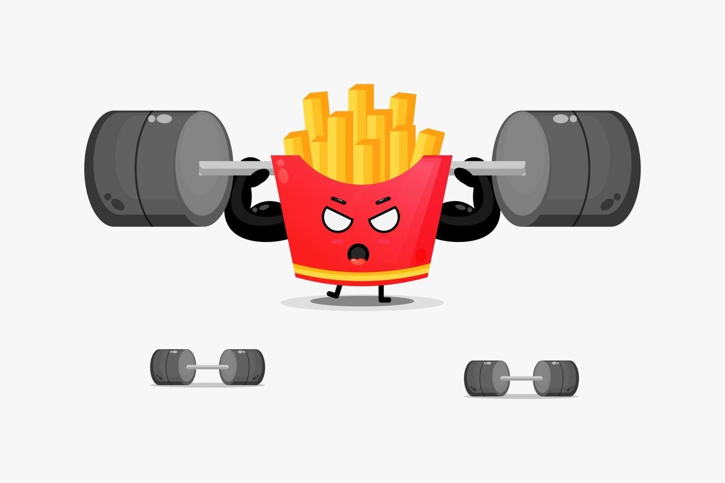 Cute french fries mascot lifting a barbell vector