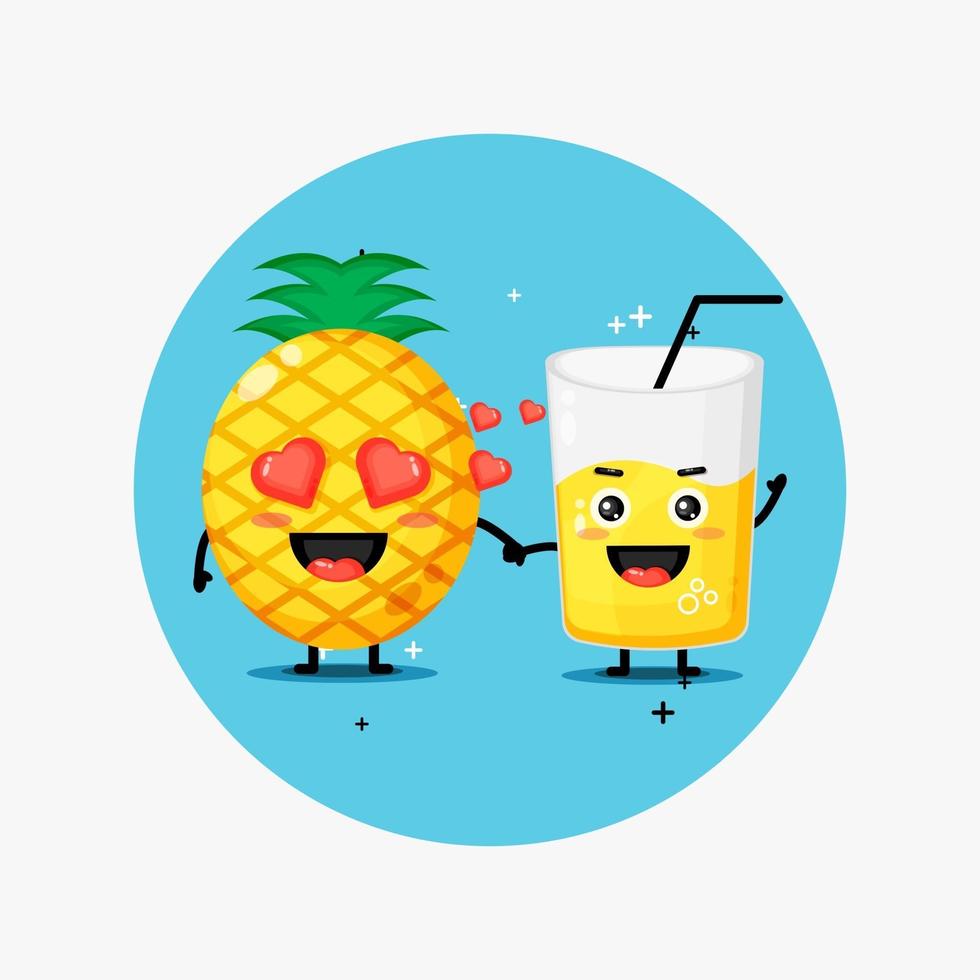 Cute pineapple and pineapple juice mascot holding hands vector