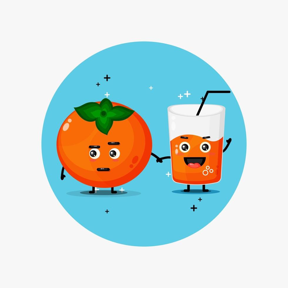 Cute persimmon and persimmon juice mascot holding hands vector