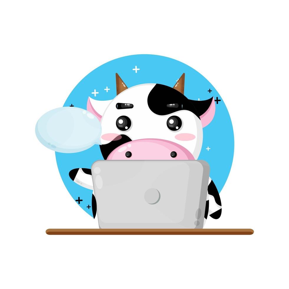 Illustration of cute cow mascot using laptop vector