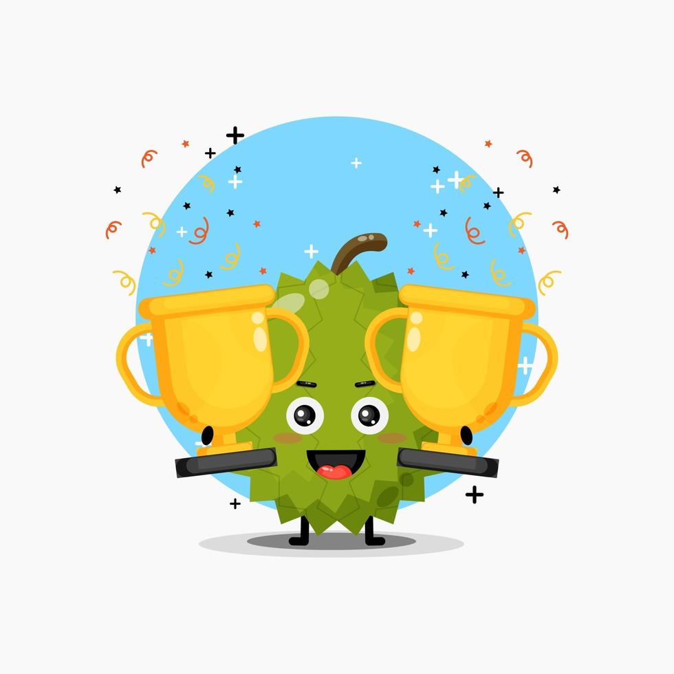 The cute durian mascot raises the trophy vector