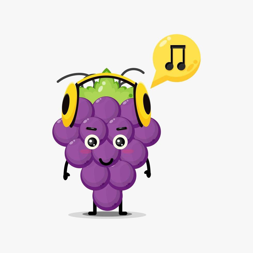 Cute grape mascot listening to music vector