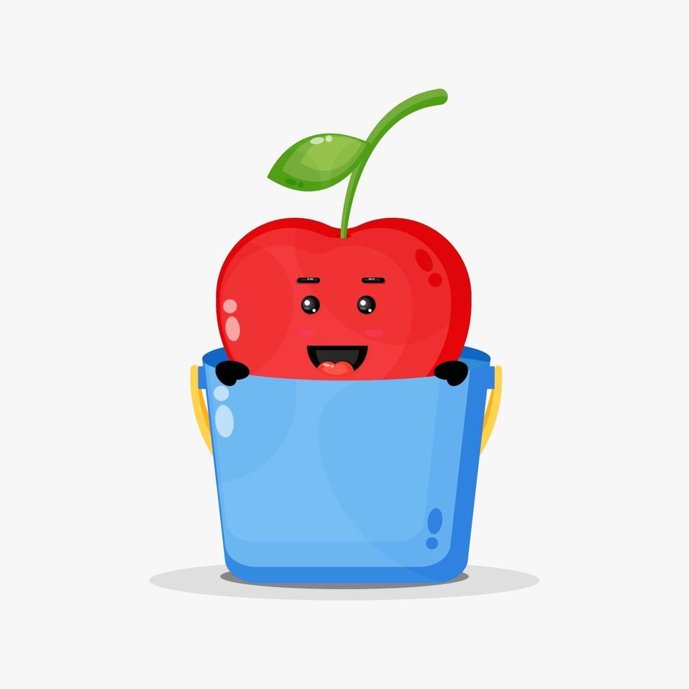 Cute cherry mascot in a bucket vector