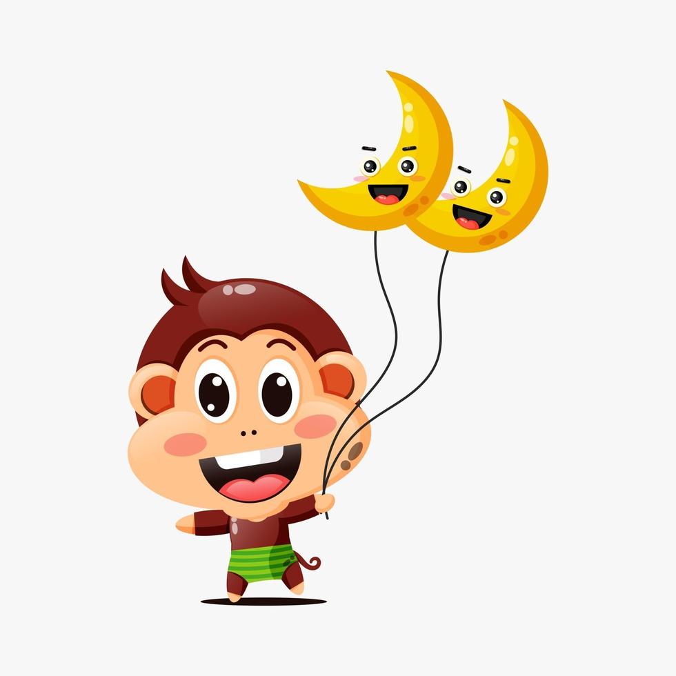 Cute monkey holding a moon balloon vector
