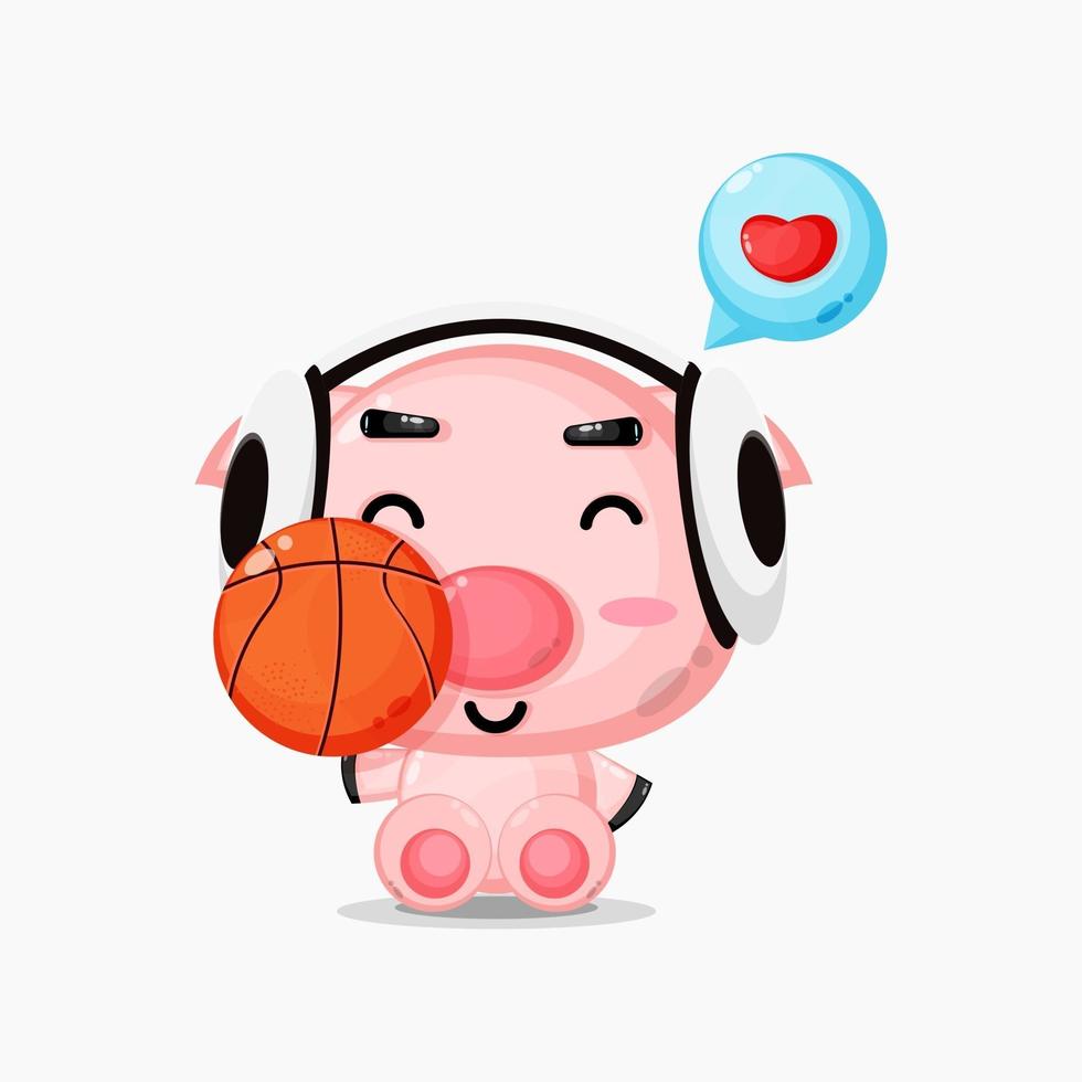 linda mascota de cerdo jugando baloncesto vector