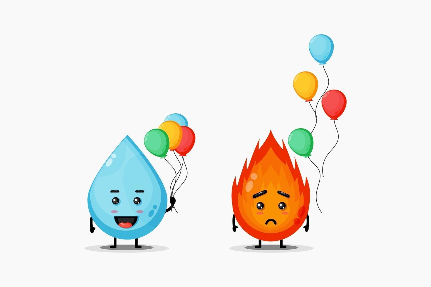 Cute water and fire mascot holding a balloon vector