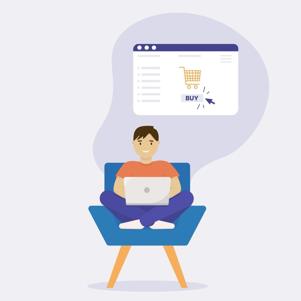 Man with laptop buying online sitting at home. vector