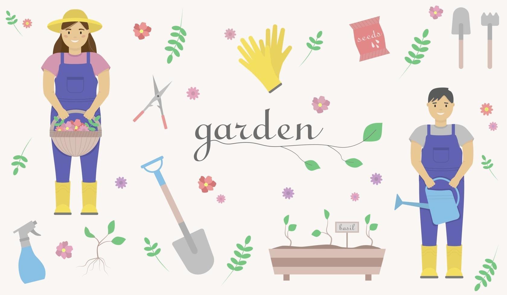 A set of garden illustrations depicting a woman in rubber boots with a basket of flowers in her hands, a man in an overalls with a watering can in his hands, a shovel, seeds, rubber gloves. vector