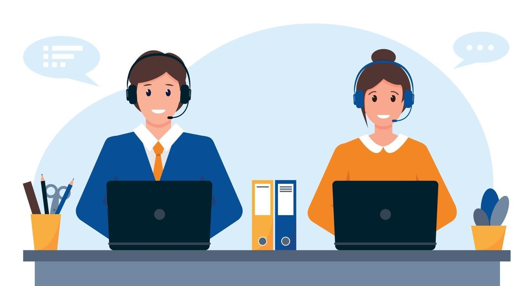 Young man and woman with headphones, microphone and computer. Customer service, support or call center concept. vector
