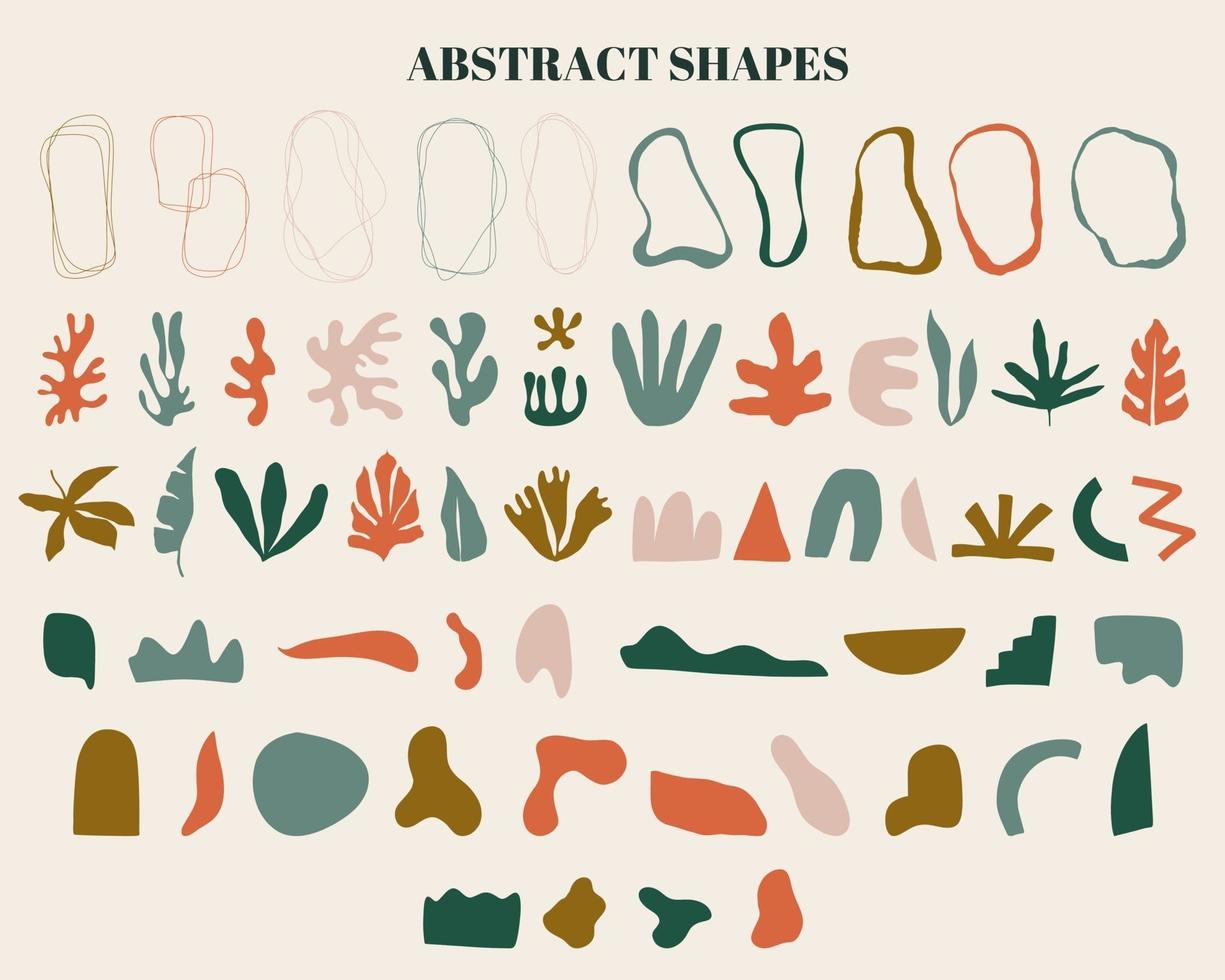 Minimalist boho abstract nature art shapes collection. Various shapes, lines, spots, dots, doodle objects. Modern mid century hand drawn plant leaf and tropical shape decoration set. vector