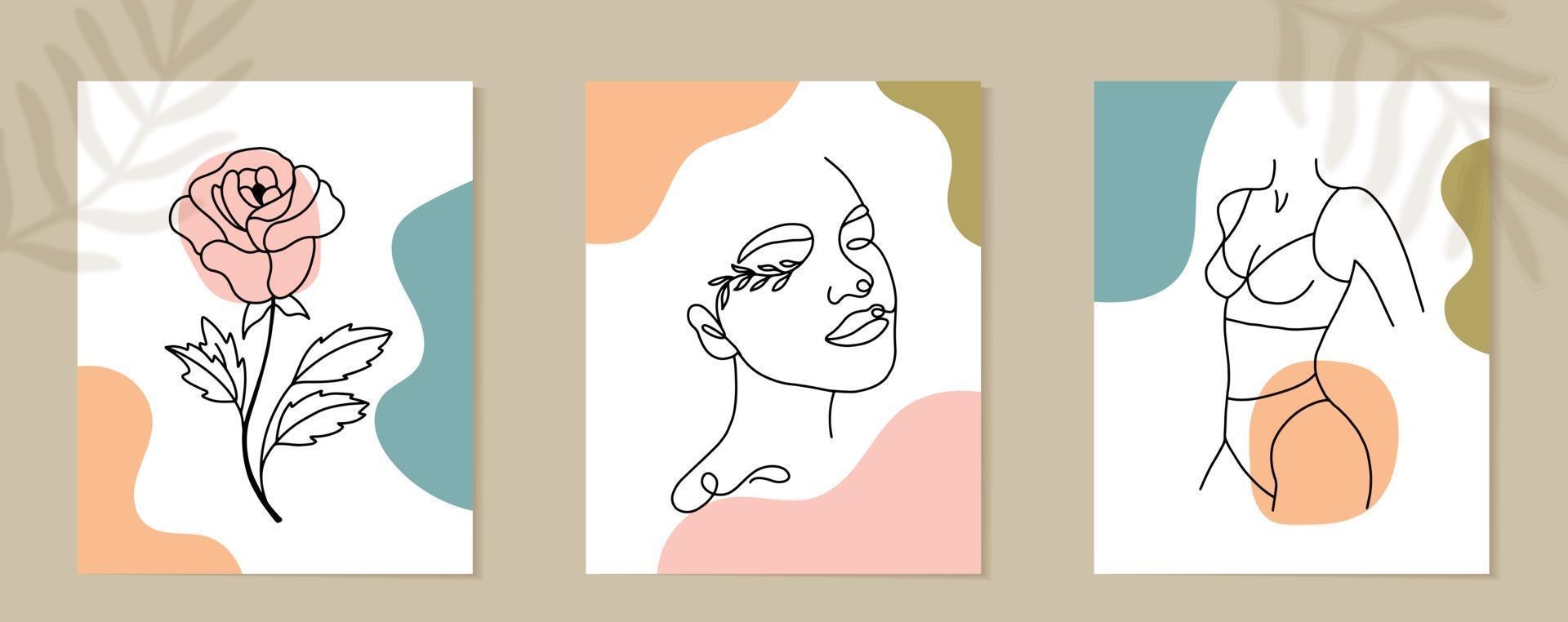 conjunto de rostro de mujer y flores de línea continua de arte. Collage contemporáneo abstracto de formas geométricas en un estilo moderno de moda. vector retrato de una mujer. por concepto de belleza, camiseta estampada, postal