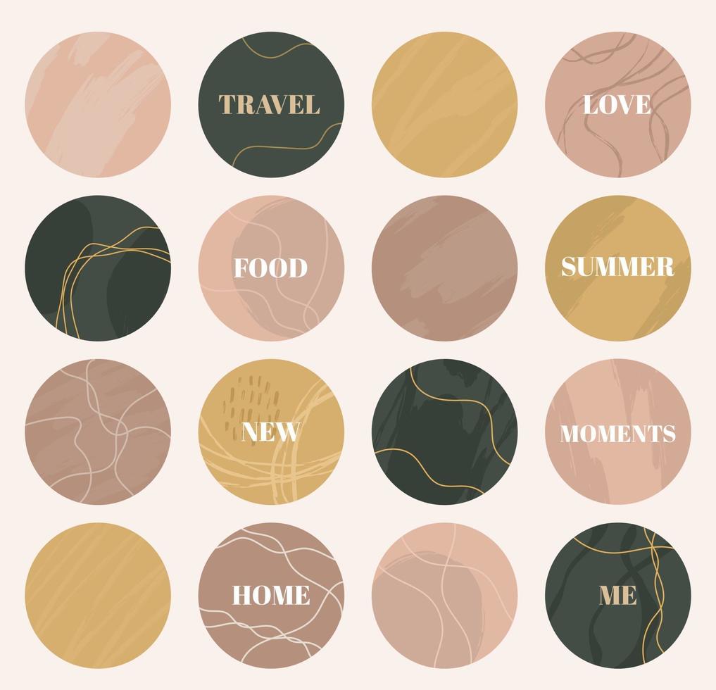 Big set of cover geometric highlight stories. Abstract backgrounds. Various shapes, lines, spots, dots, doodle objects, nature textures. Hand drawn templates. Round icons for social media stories vector