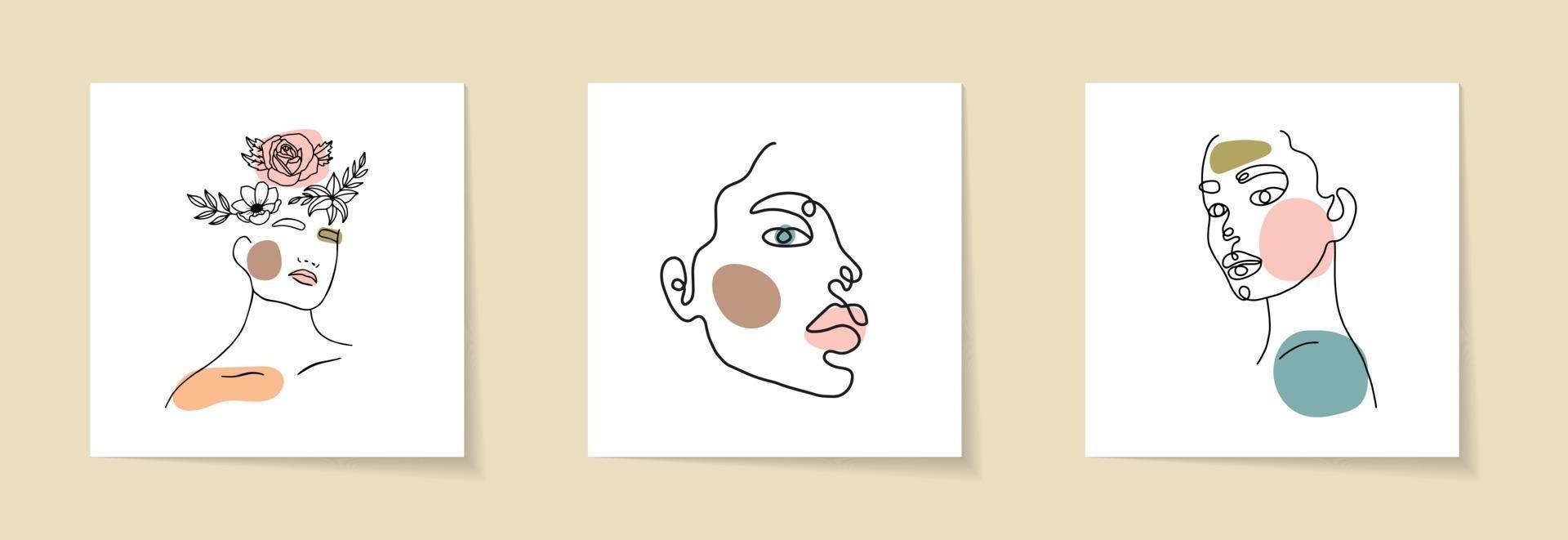 conjunto de rostro de mujer y flores de línea continua de arte. Collage contemporáneo abstracto de formas geométricas en un estilo moderno de moda. vector retrato de una mujer. por concepto de belleza, camiseta estampada, postal