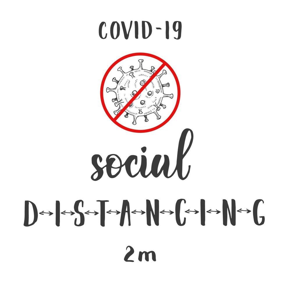 Coronavirus Icon with Red Prohibit Sign in sketch style. Coronavirus Bacteria. Hand made quote social distancing. Stop Covid-19. Coronavirus danger and public health risk disease and flu outbreak. vector