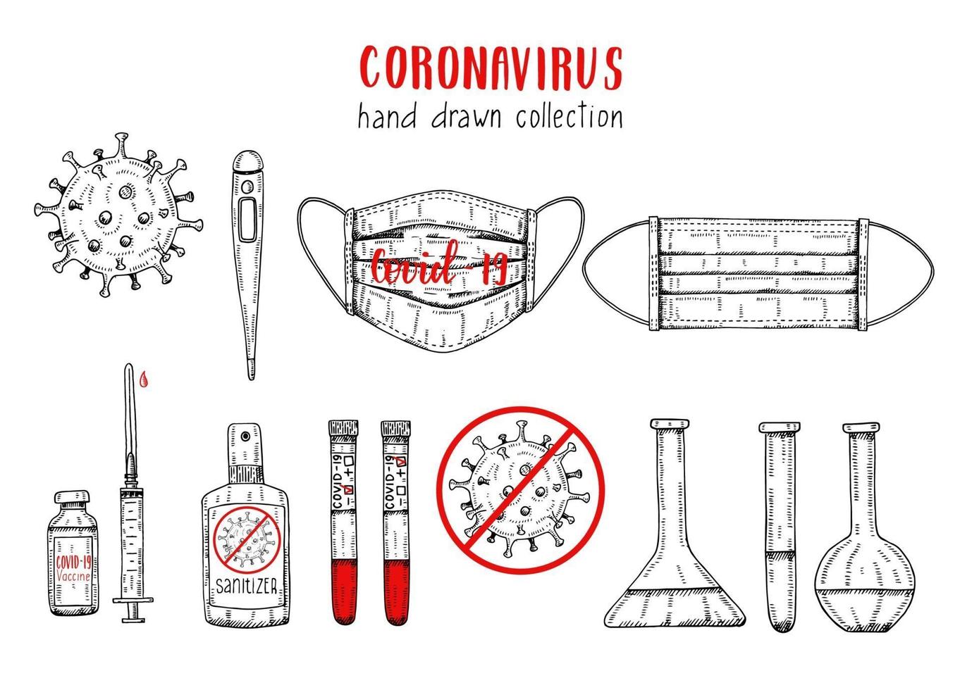 Coronavirus icons set in sketch style. Hand drawn flask, Coronavirus bacteria, vaccine, syringe, blood, thermometer, medical mask, positive and negative test, sanitizer. Covid-19 engraving illustration vector