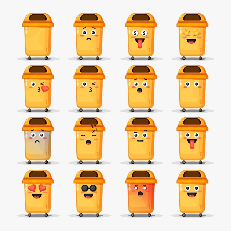 Cute trash can with emoticons set vector