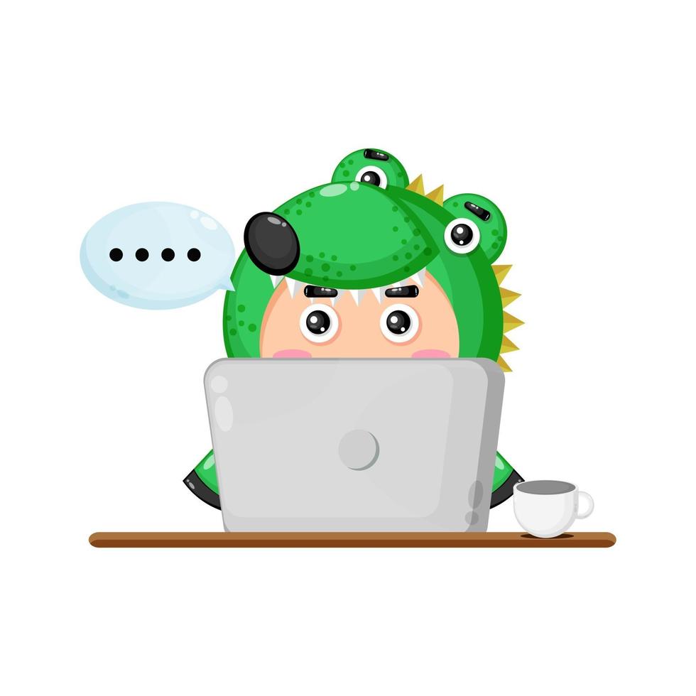 Illustration of cute crocodile mascot in front of a laptop vector