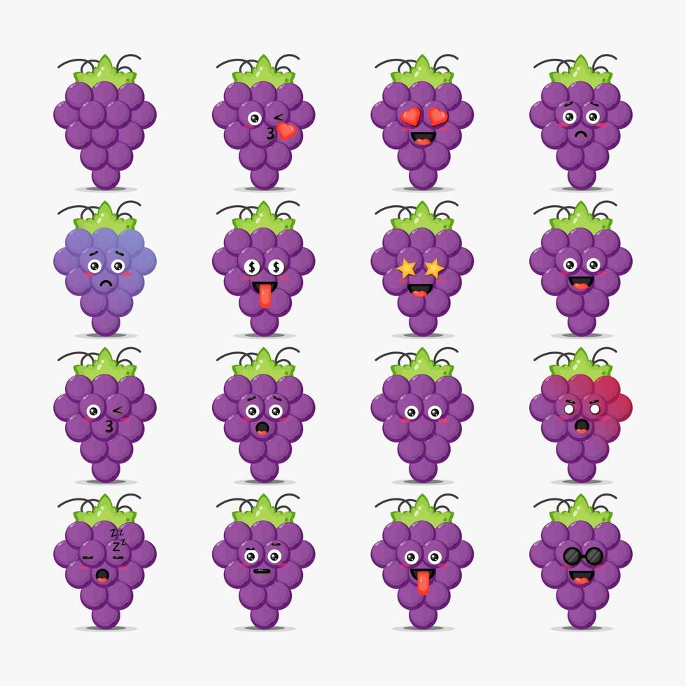 Set of cute grape with emoticons vector