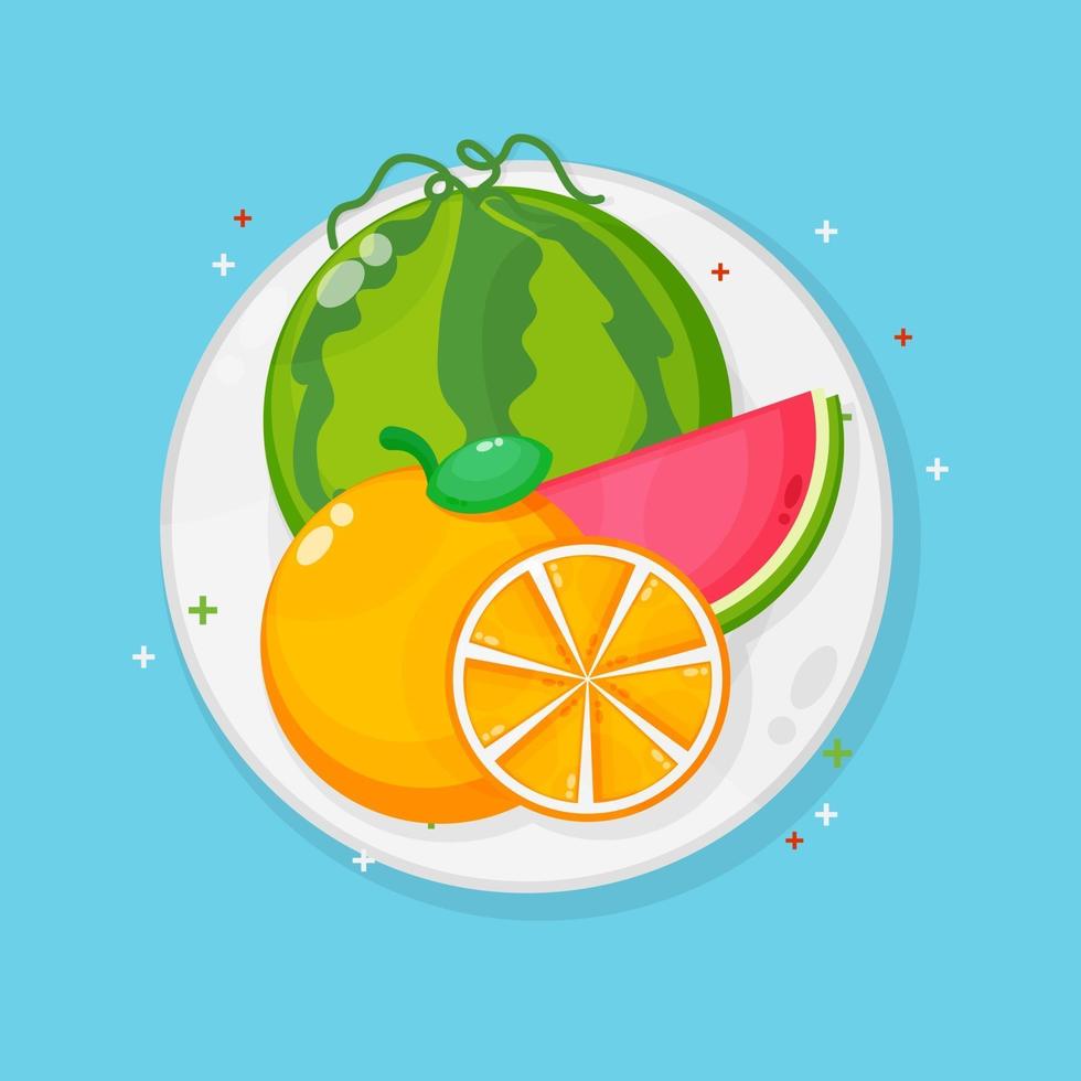 Watermelon and oranges on a plate vector