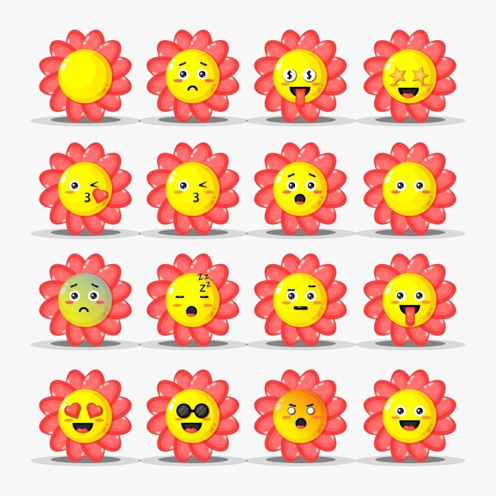conjunto de linda flor con emoticonos vector