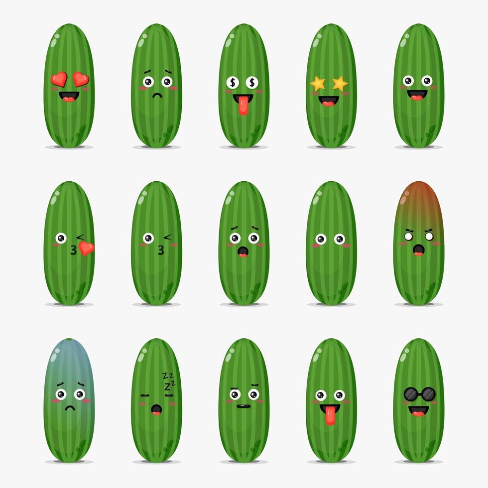 Set of cute cucumber with emoticons vector