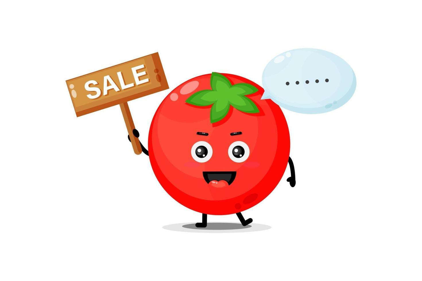 linda mascota de tomate con el cartel de ventas vector