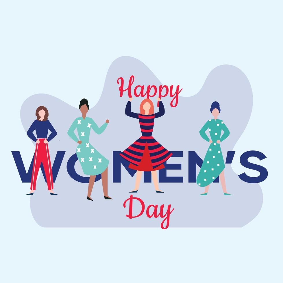 Happy women's day card with Four women of different ethnicities and cultures standing side by side together. vector