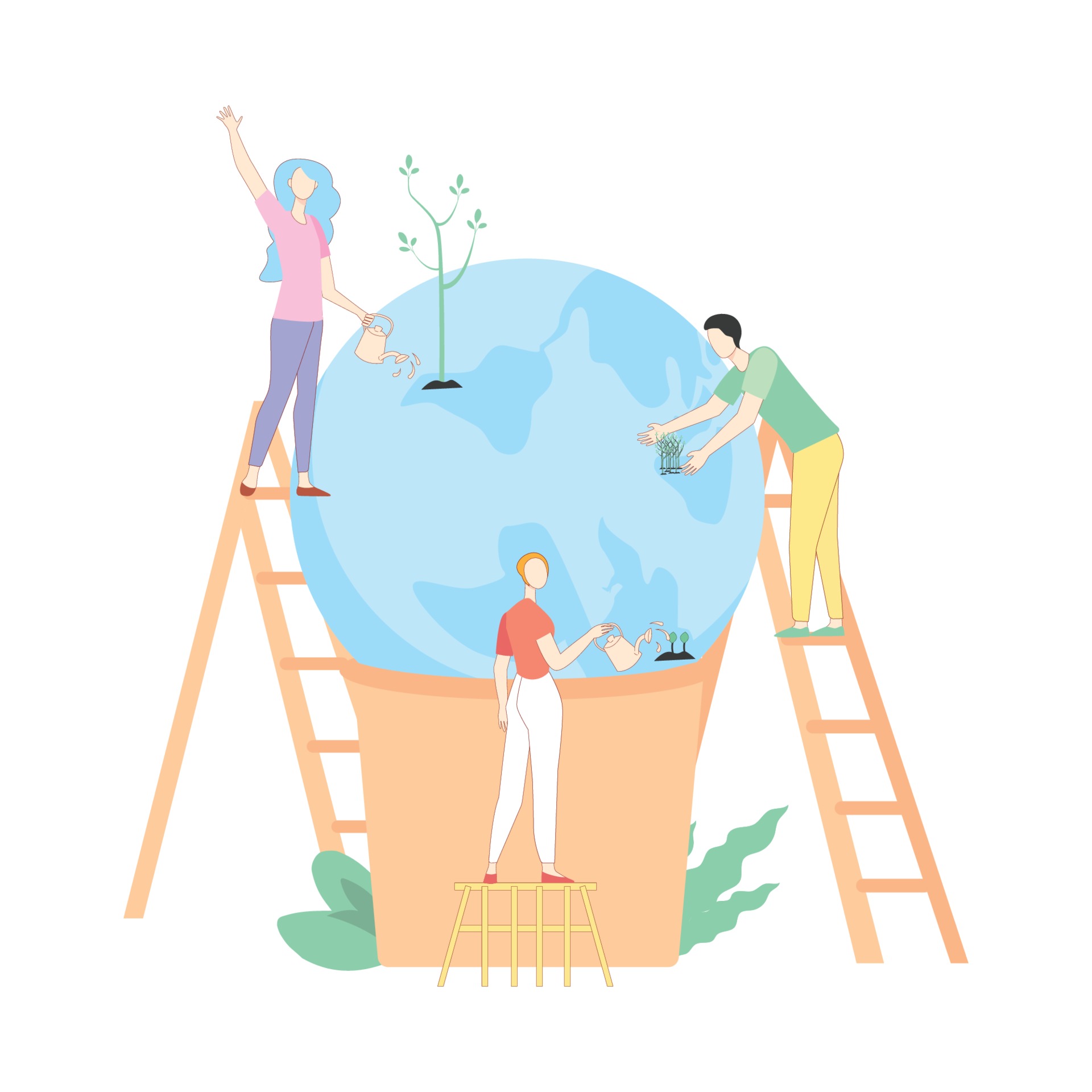 hombre y mujer que protegen la planta en el globo aislado ilustración