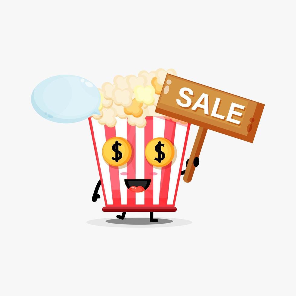 Cute popcorn mascot with the sales sign vector