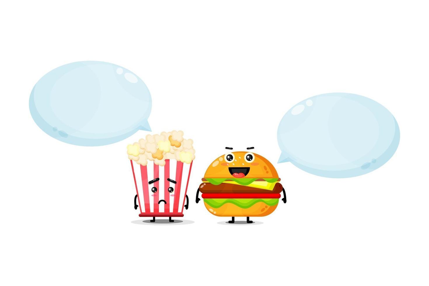 Cute popcorn and burger mascot with happy and sad expressions vector