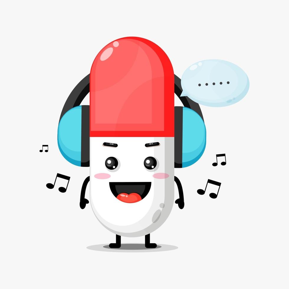 Cute pill mascot listening to music vector