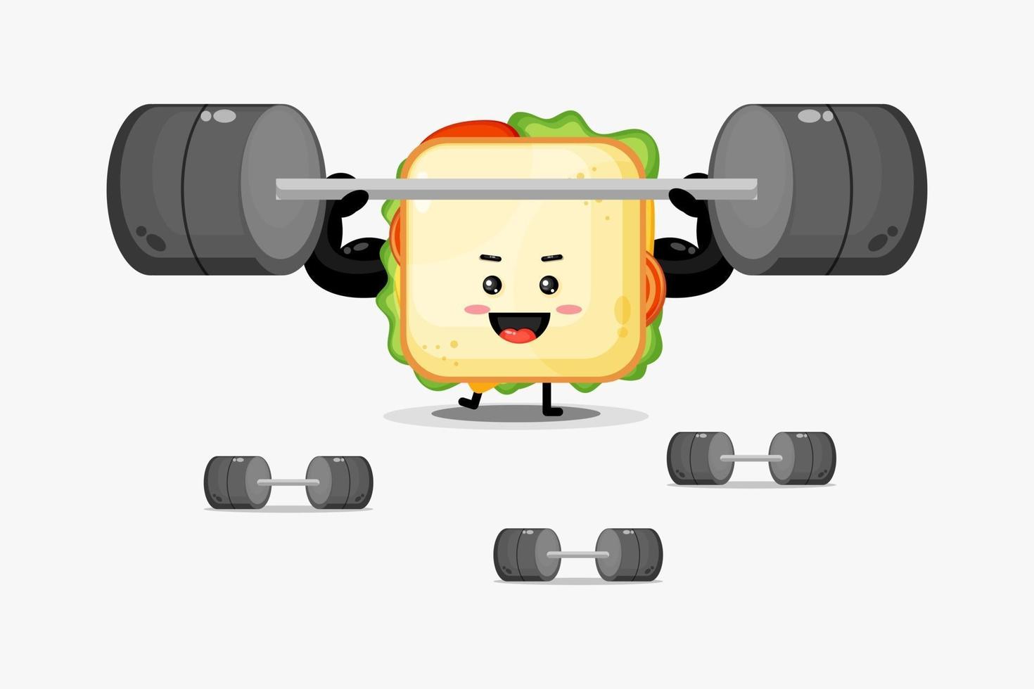 Cute sandwich mascot lifting a barbell vector