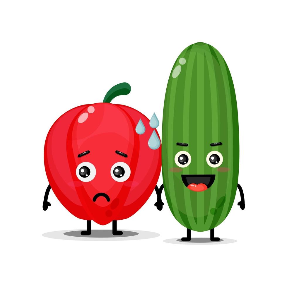 Cute peppers and cucumbers mascot holding hands vector