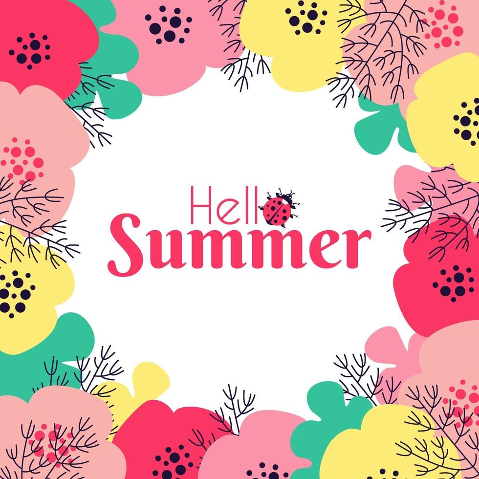 Hello summer frame with floral motives and insects vector