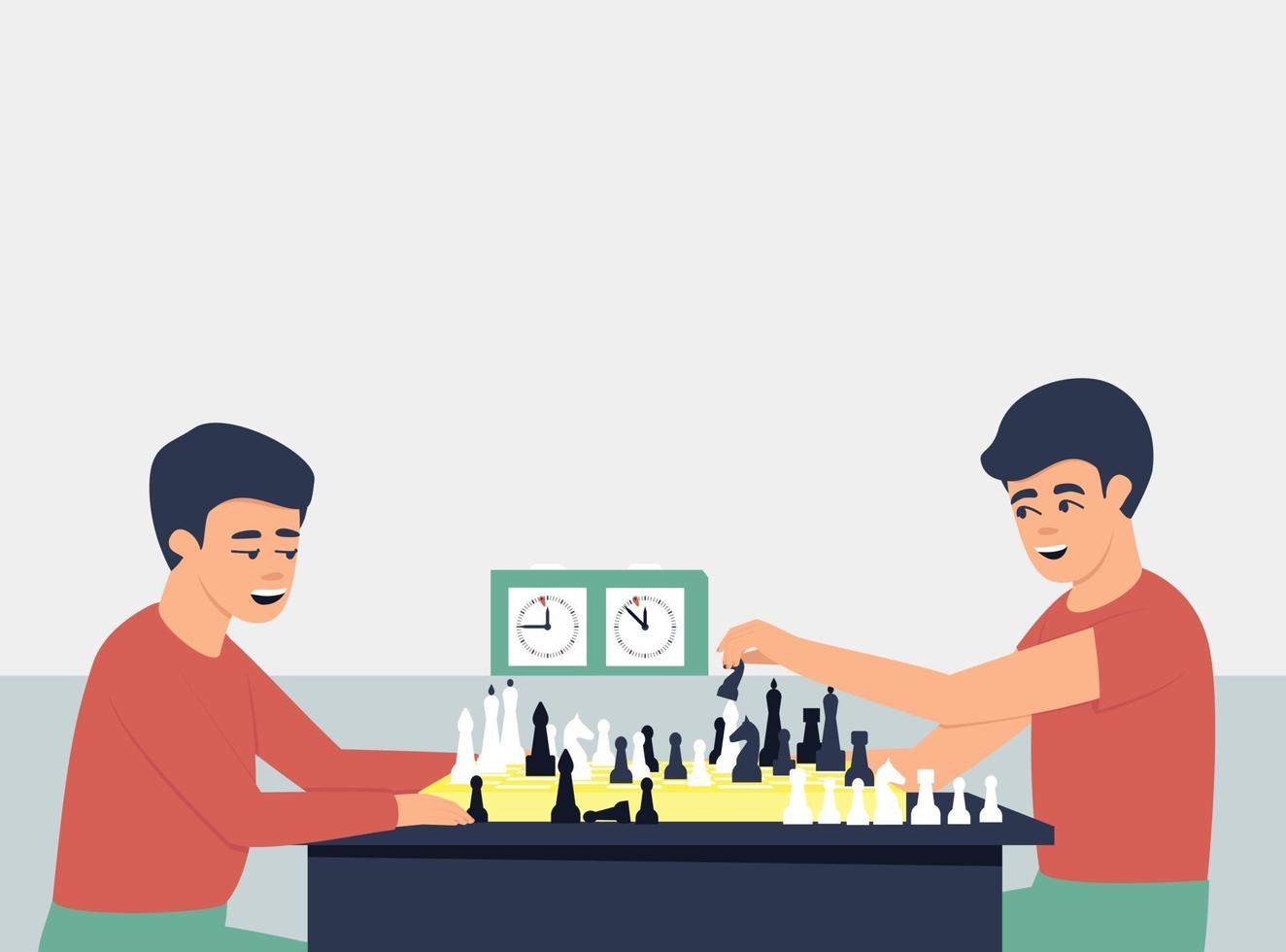 Boys play chess with a clock to control the time vector