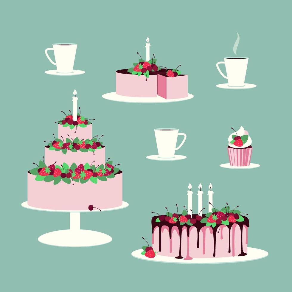 Set of cakes decorated with fresh berries vector