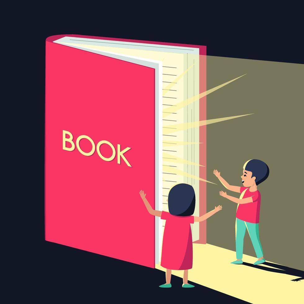 The boy and the girl look at the book with surprise and admiration vector