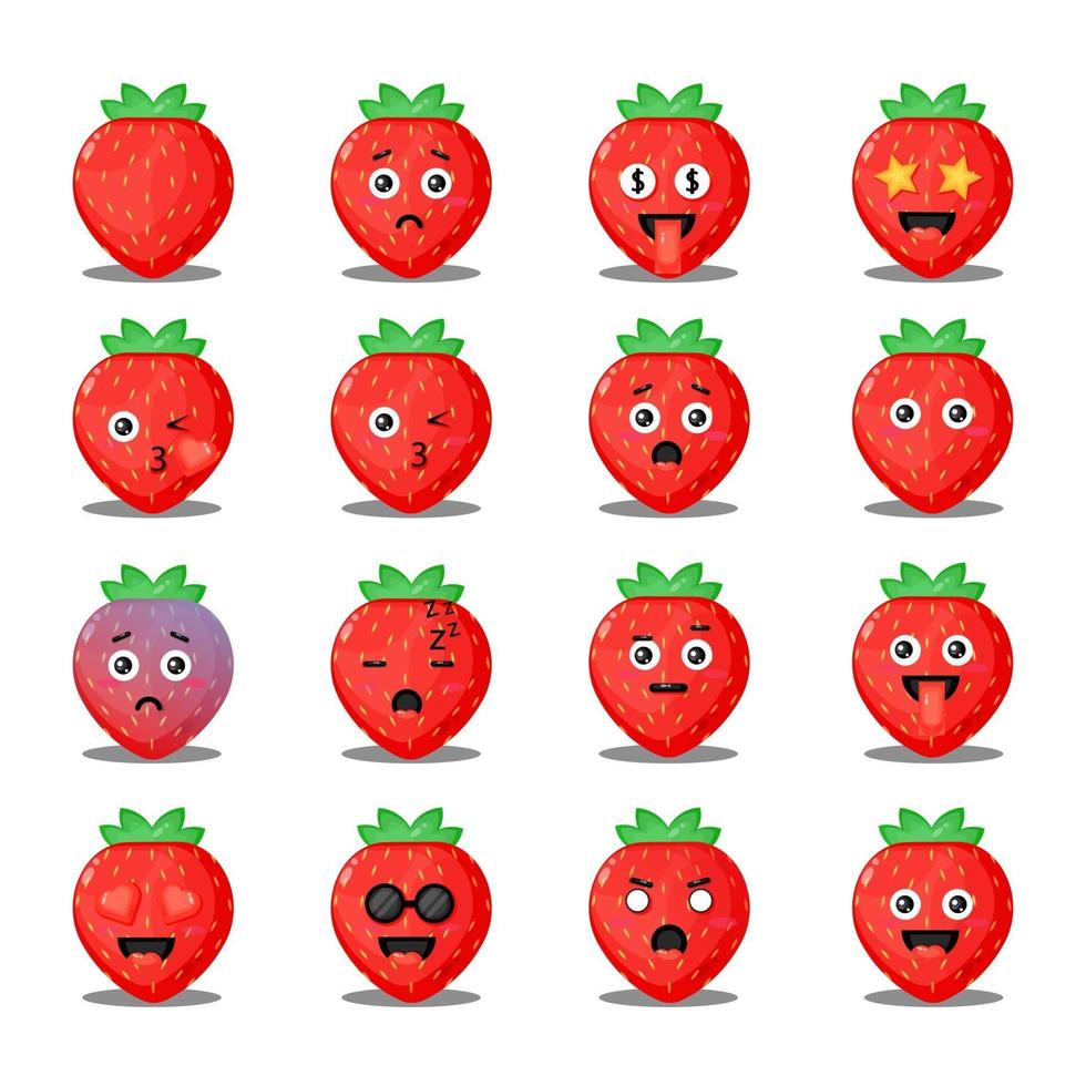 lindo juego de fresas con emoticonos vector