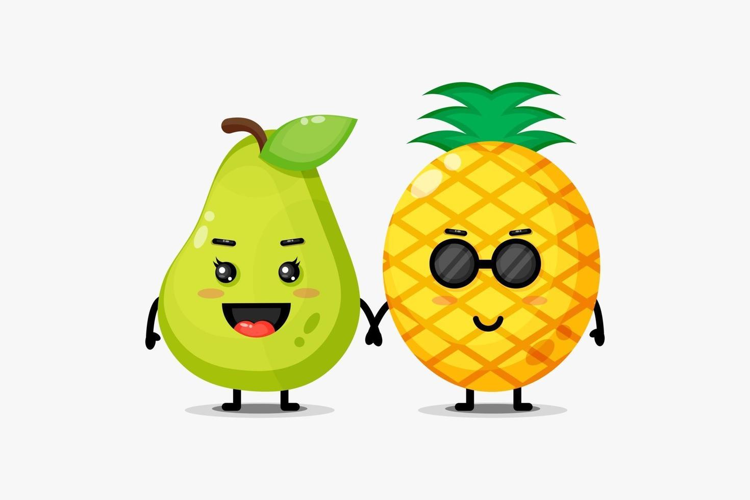 Cute pear and pineapple mascots holding hands vector