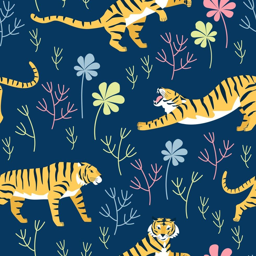 Seamless pattern with tiger poses. Striped tiger on a background of plants with grass and leaves vector