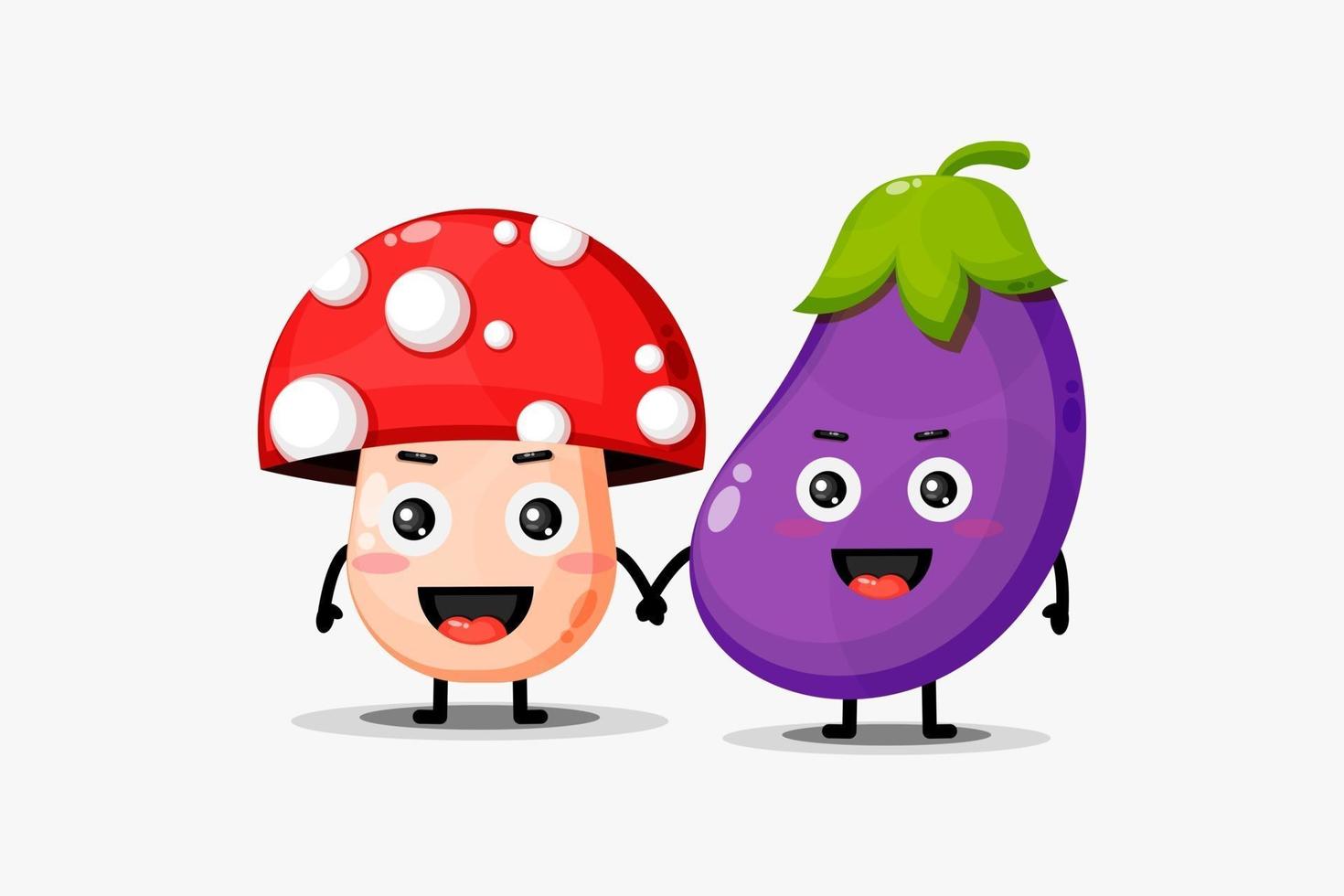 Cute mushroom and eggplant mascot holding hands vector