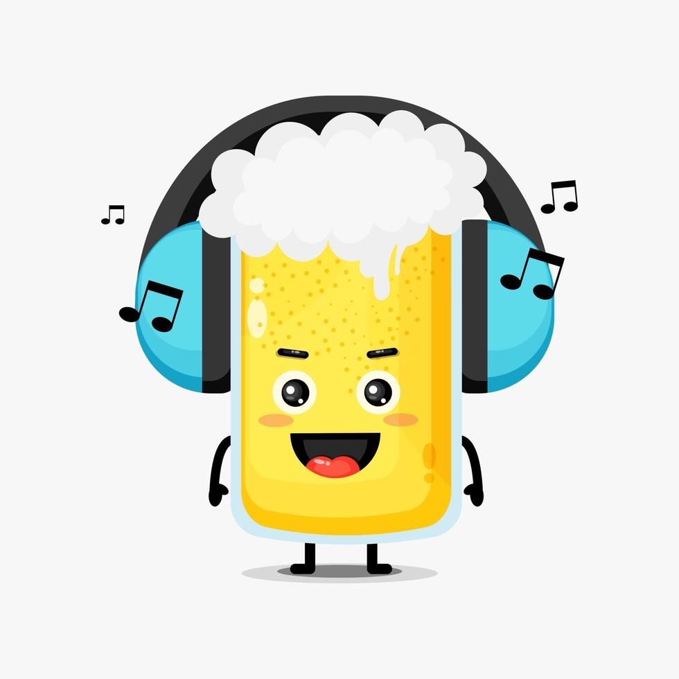 Cute beer mascot listening to music vector