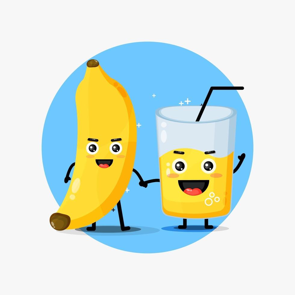 linda mascota de plátano y jugo de plátano tomados de la mano vector