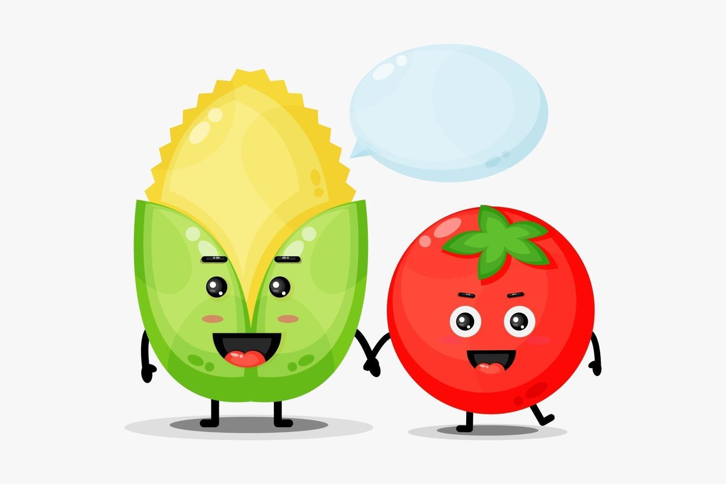 Linda mascota de maíz y tomate tomados de la mano vector