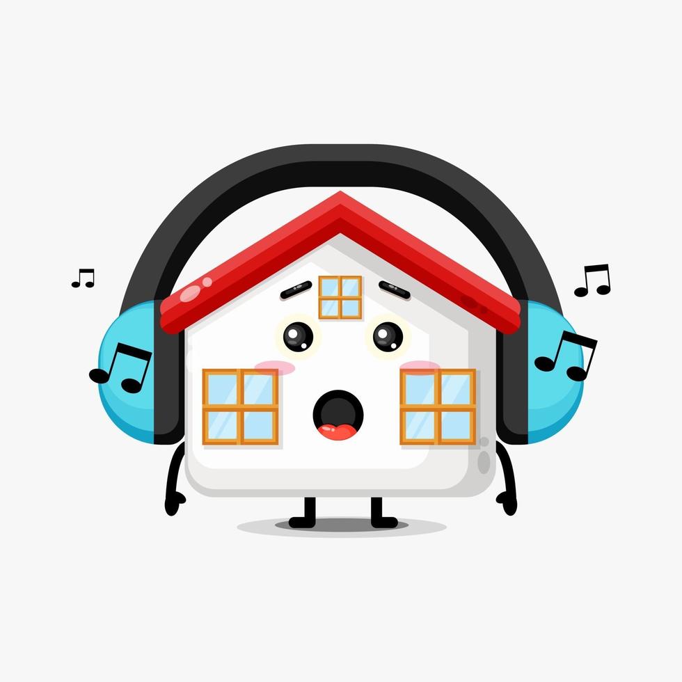 Cute house mascot listening to music vector