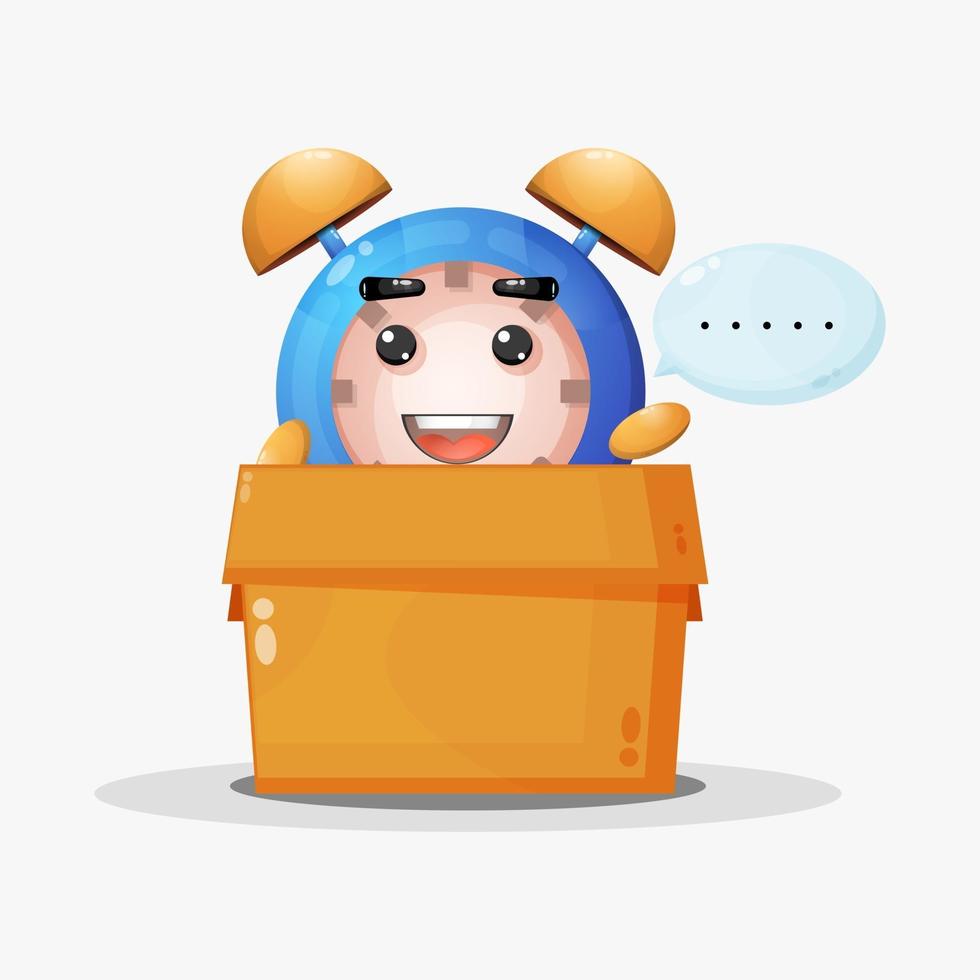 Cute mascot alarm clock in the box vector