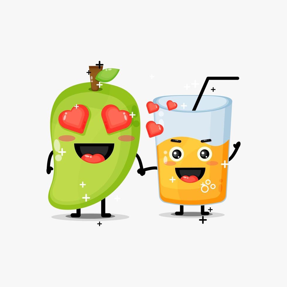 Cute mango and mango juice mascot holding hands vector