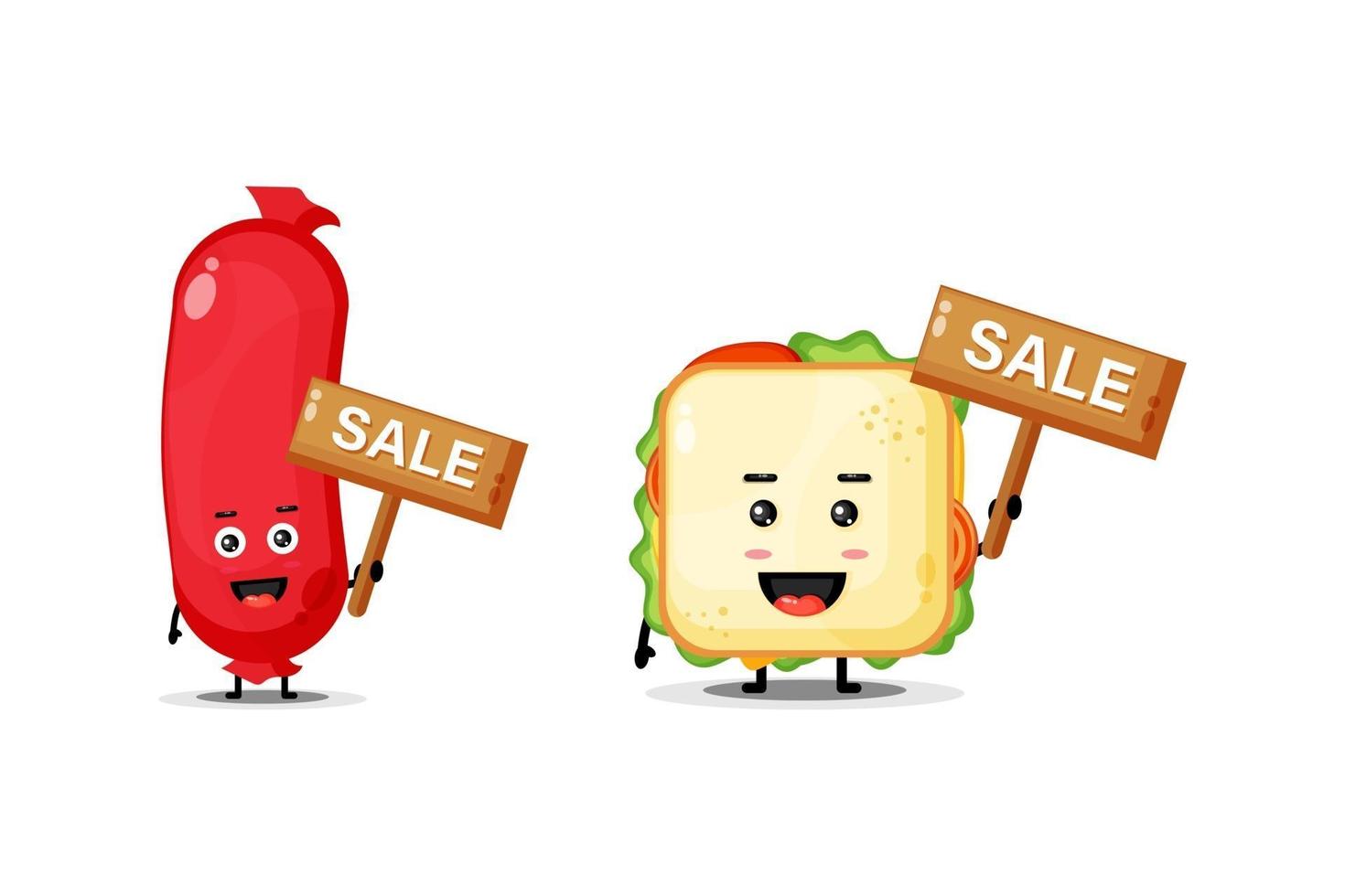 Cute sausage and mascot sandwich with the sales sign vector