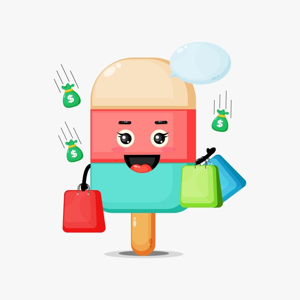 Cute mascot ice cream holding a shopping bag vector