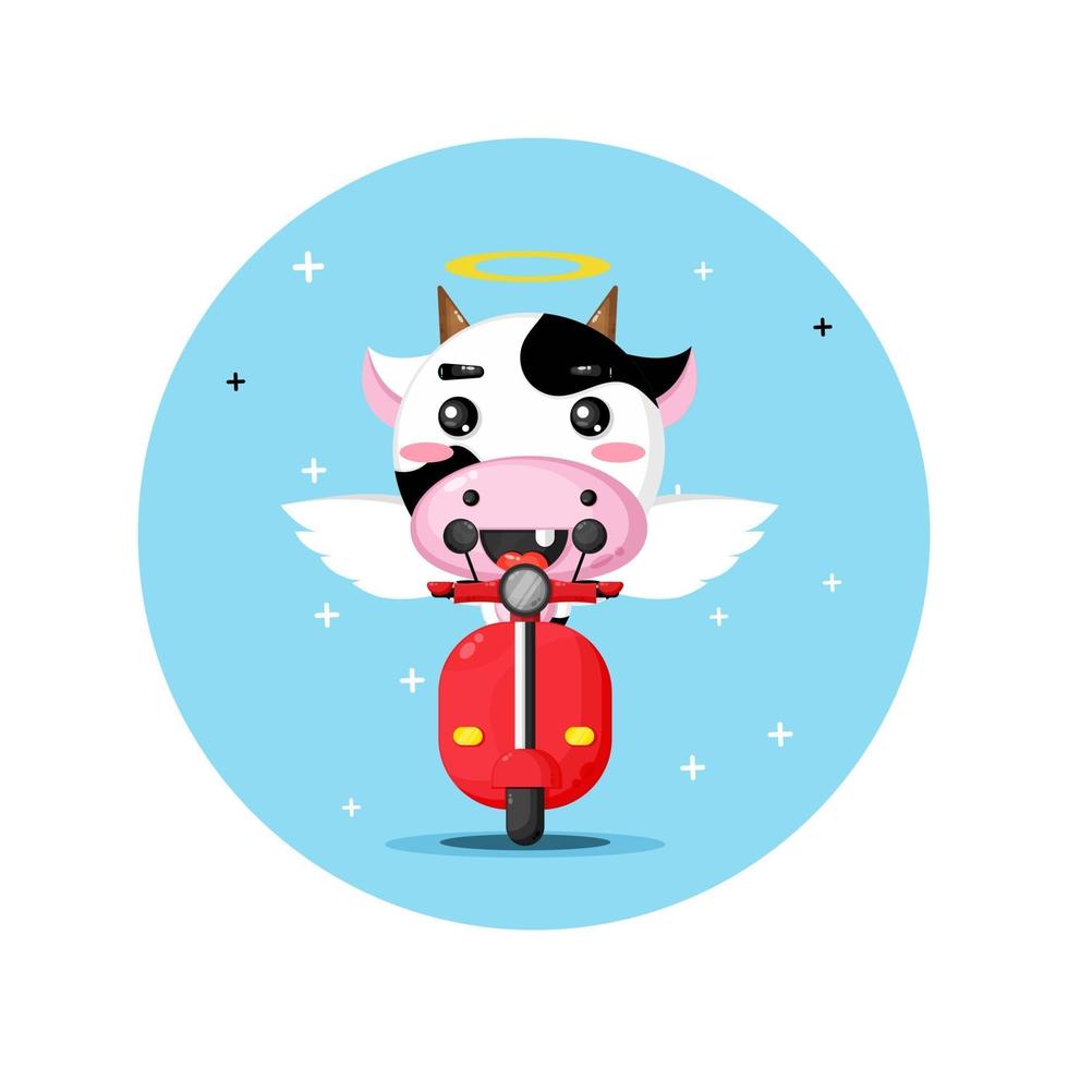 Cute angel cow riding classic motorbike vector